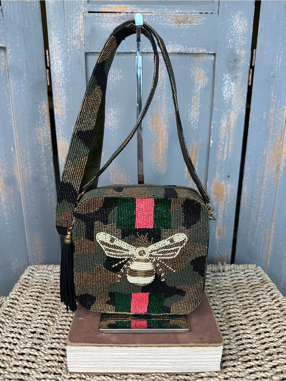 Moyna Beaded Queen Bee Camo Crossbody Bag